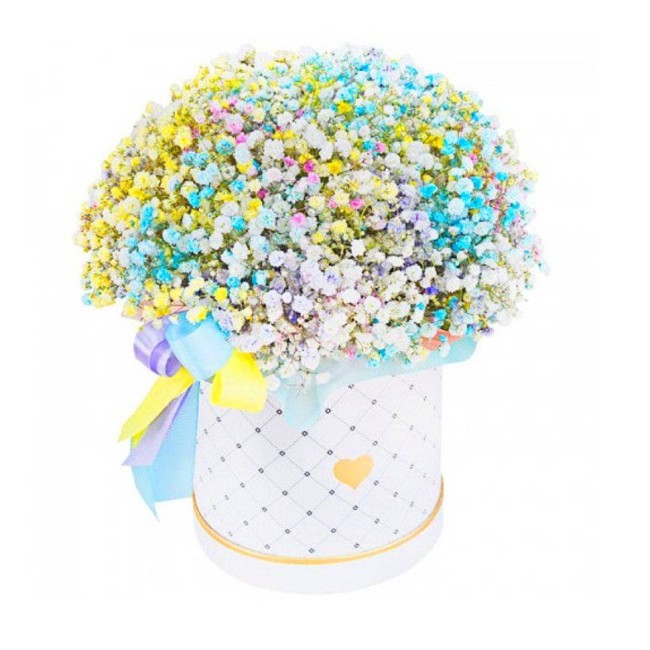 Букет цветов "Шляпная коробка с разноцветной гипсофилой" Букет цветов "Шляпная коробка с разноцветной гипсофилой"